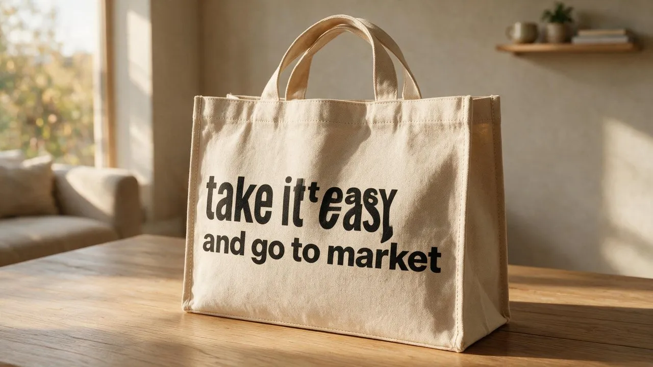 Бежевый шоппер с надписью Take it easy and go to market