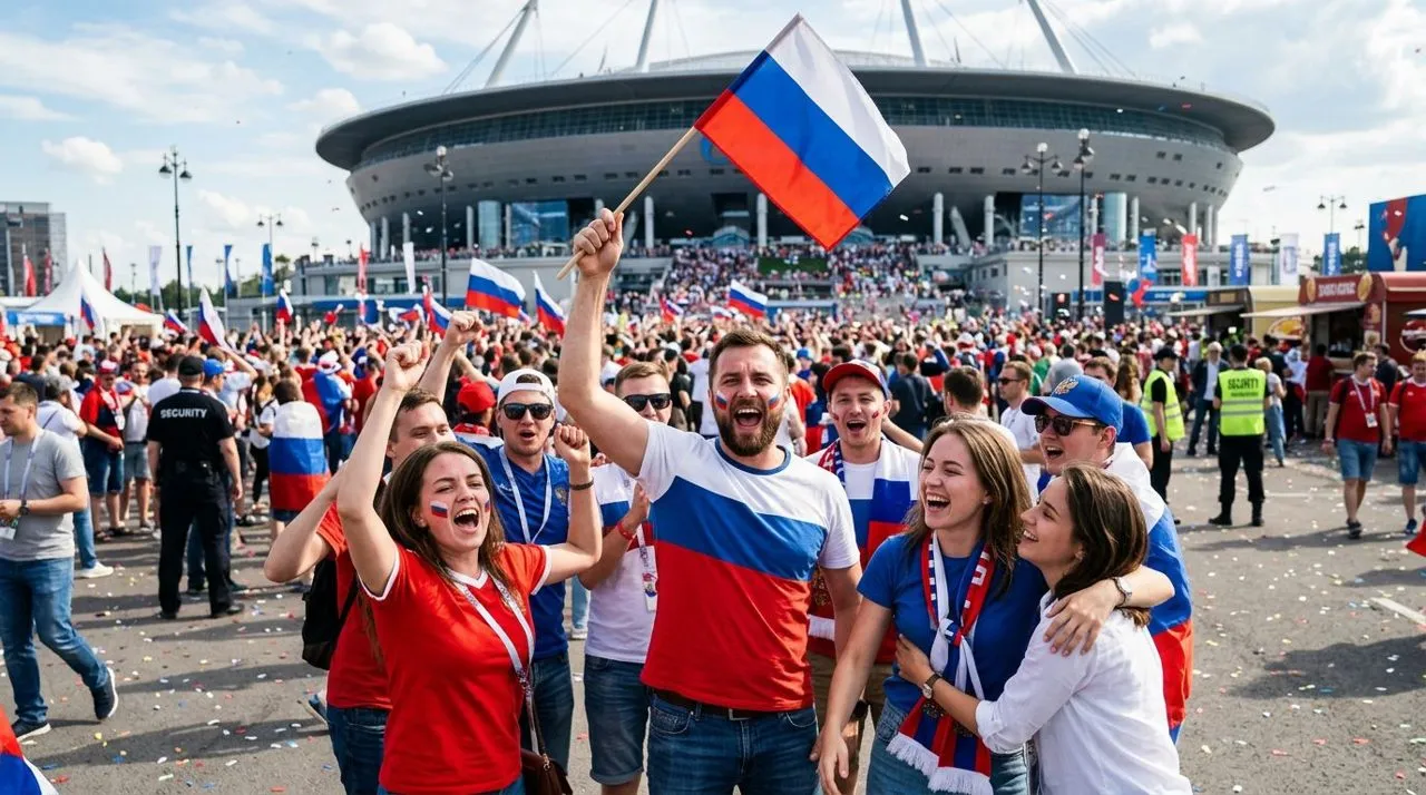 Болельщики с российскими флагами и символикой у стадиона